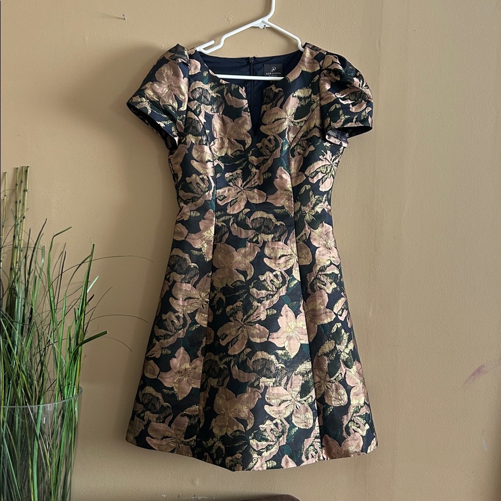 Adrianna Papell Black and Gold Floral Mini Dress